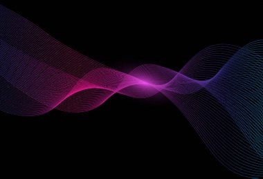 Dalga çizgileri ile soyut arkaplan, siyah üzerine çoklu renk tasarımı, vektör illüstrasyonu. 