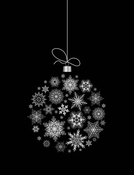 雪の結晶球組成を持つクリスマスの背景 黒で隔離された白い雪の結晶で作られたクリスマスボール ベクトルイラスト — ストックベクタ