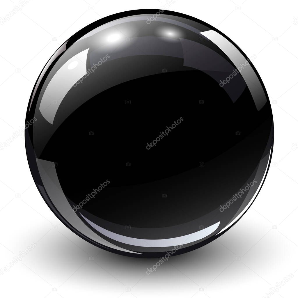 Black glass ball, 3D shiny and lustrous sphere icon, vector illustration