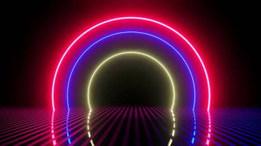 Soyut fütüristik arka plan, pembe mavi neon ışıklar daire tüneli, bilim kurgu resimleme