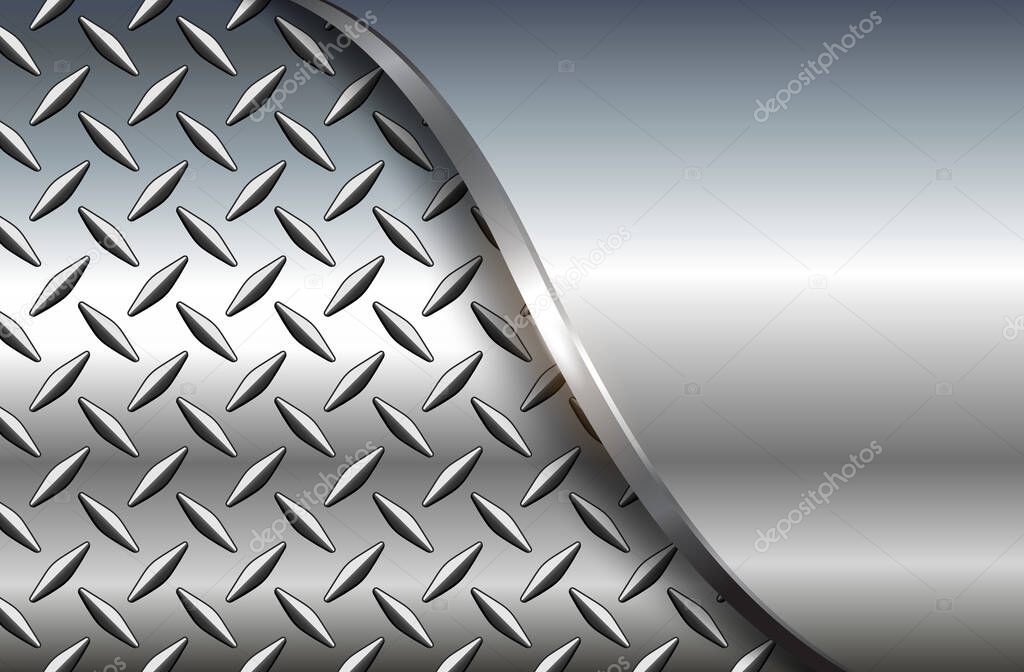 Silver polished steel  texture background, shiny chrome metallic with diamond plate texture, 3d vector lustrous metal design.