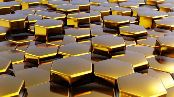 Abstrakte Geometrischen Hintergrund Gold Sechsecke Metallischen Formen Stapel Rendertechnologie Illustration — Stockfoto