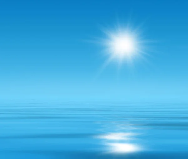 自然蓝色的放松背景 蓝色的天空 阳光在平静的水中反射 — 图库照片