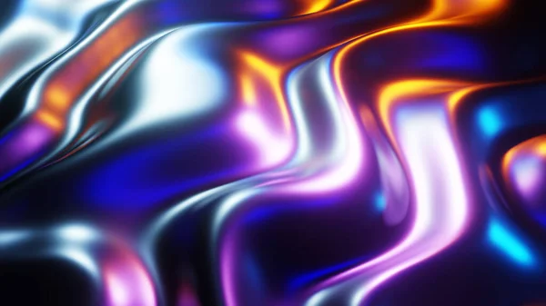 带有霓虹灯色的液态金属波 有趣的纹理3D渲染图解 — 图库照片
