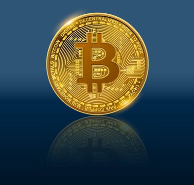 Bitcoin simgesi ve 3B finans veri diyagramları ile iş arkaplanı, vektör ekonomik konsept tasarımı