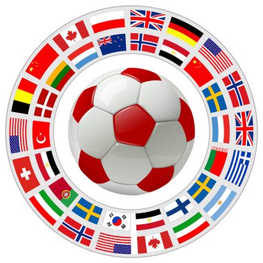 Uluslararası spor vektörü sembolü olarak bayraklardan oluşan bir halka ile futbol topu 3D simgesi.