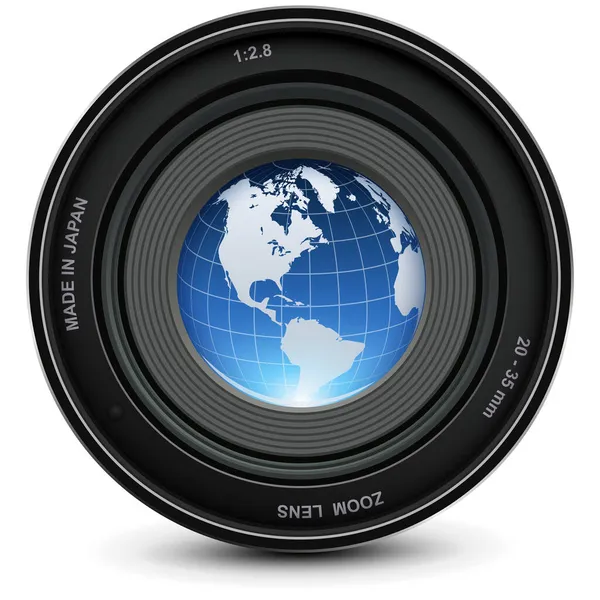 Obiettivo Della Fotocamera Globo Blu Terra Mondo All Interno Dell — Vettoriale Stock