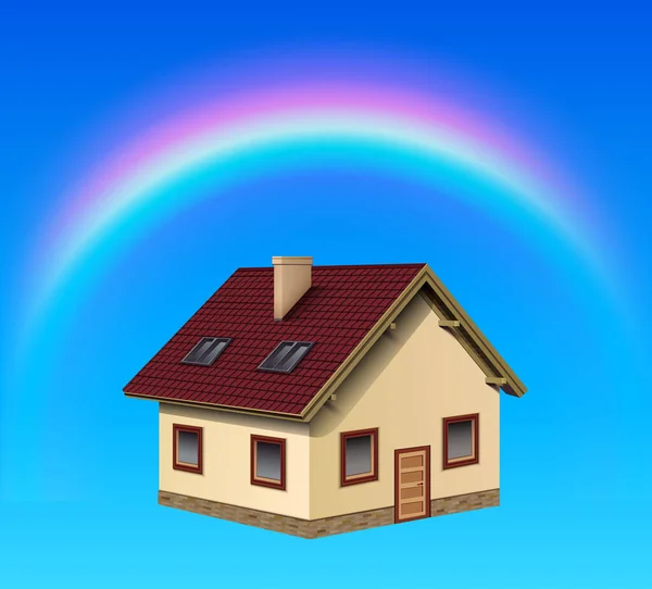 Hus Ikon Blå Himmel Med Regnbåge Som Ett Lyckligt Hem — Stock vektor