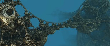 Soyut arka plan 3D, fantastik antik medeniyet mimarisi, altın mavisi çizim teknolojisi illüstrasyonu