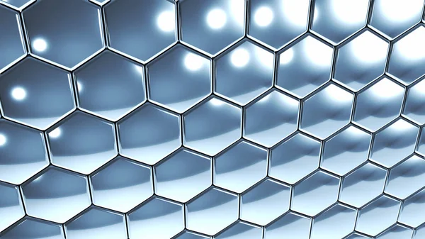 Hexagons Zilveren Geometrische Achtergrond Perspectief Van Staal Chroom Honingraat Patroon — Stockfoto