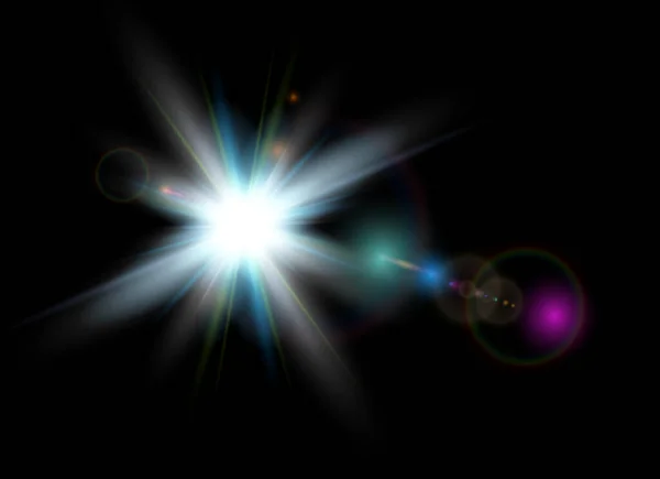 Sonne Mit Linsenschlag Auf Schwarzem Hintergrund Glühender Stern Mit Bunter — Stockvektor