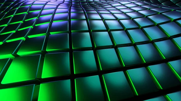 緑の背景3D 正方形のパターン波 キューブの抽象技術分野 ネオン輝くテクスチャの幻想的な海 3Dレンダリングイラストの背景 — ストック写真