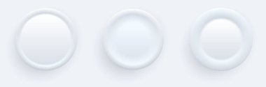 Kullanıcı arayüzü için beyaz düğmeler, mobil, web, sosyal medya, iş için basit daire 3D modern tasarım. Neumorphism düz stil vektör düzenlenebilir illüstrasyon. Beyaz gri renk UI simgeleri ayarlandı.