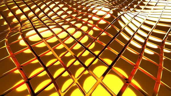 背景3Dゴールドキューブ波フィールド 抽象的な技術デザイン 六角形のパターンの幻想的な海 3Dレンダリングイラストの背景 — ストック写真