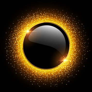 Siyah arka planda parıltılı altın parıltılı bir yüzük. Vektör lüksü ve parlak altın çerçeveli sihirli brokar tozu.