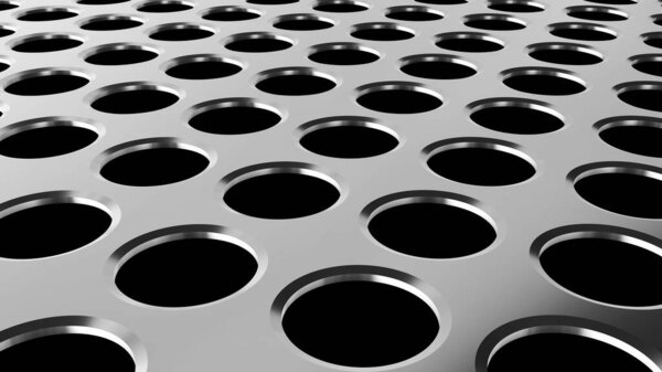 Металлический фон с перфорированным рисунком отверстий, технологический дизайн металла, трёхмерная перфорированная текстура