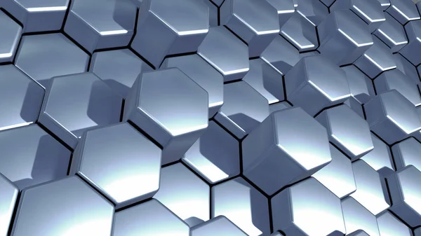 Argent Hexagones Fond Géométrique Chrome Brillant Formes Métalliques Piles Rendre — Photo