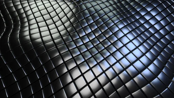 Gümüş arkaplan 3D, kare desen dalgaları, soyut teknoloji alanı, metalik ışıldayan dokular denizi, 3D çizim arkaplanı.