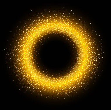 Golden sparkling ring with glitter on black background. Vector luxury and shiny golden frame with magic brocade dust and copy space.