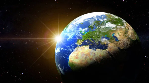Aarde Planeet Met Gloeiende Zon Boven Sterrenveld Diepe Ruimte Science — Stockfoto