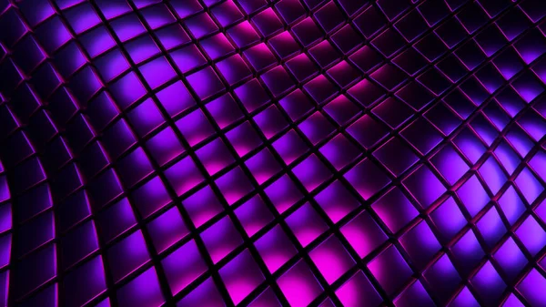 紫の背景3D 正方形のパターン波 キューブの抽象技術分野 ネオン輝くテクスチャの幻想的な海 3Dレンダリングイラストの背景 — ストック写真