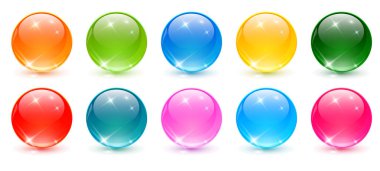 Renkli küreler seti, parlak ve parıltılı 3D renkli cam toplar koleksiyonu, renkli vektör illüstrasyonu.