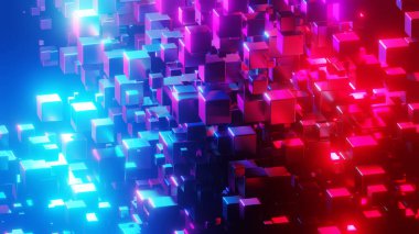 Soyut arkaplan 3D, siyah ilginç bilim teknolojisi arka planında neon mavisi parlayan pek çok küp, 3D çizim.