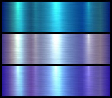 Metal dokular seti, parlak çok renkli metalik arka planlar, fırçalanmış metal vektör çizimi.