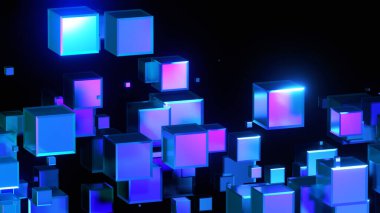 Soyut arkaplan 3D, siyah ilginç bilim teknolojisi arka planında neon mavisi parlayan pek çok küp, 3D çizim.