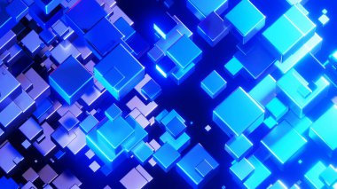 Soyut arkaplan 3D, siyah ilginç bilim teknolojisi arka planında neon mavisi parlayan pek çok küp, 3D çizim.