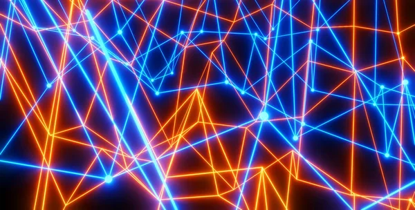 Абстрактний Технологічний Фон Неоновими Лініями Світяться Чорному Помаранчево Синьому Смугастому — стокове фото