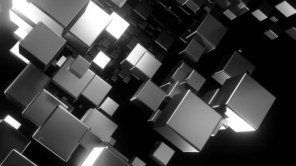 Abstrakter Hintergrund Viele Silberwürfel Auf Schwarzem Hintergrund Interessanter Wissenschaftstechnischer Hintergrund — Stockfoto