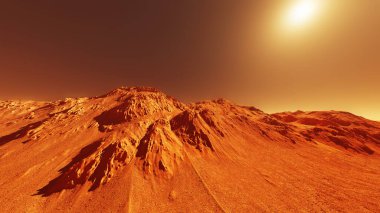 Mars manzarası, 3 boyutlu hayali Mars gezegen arazisi, dağlı turuncu çöl, gerçekçi bilim kurgu illüstrasyonu