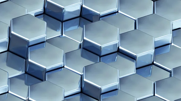 Hexagones Plata Fondo Geométrico Brillantes Formas Metálicas Cromo Pilas Ilustración — Foto de Stock