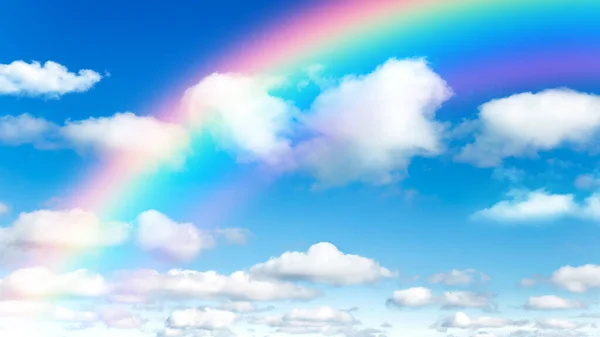 Солнечный Дневной Фон Голубое Небо Белыми Кучевыми Облаками Радугой Естественный — стоковое фото