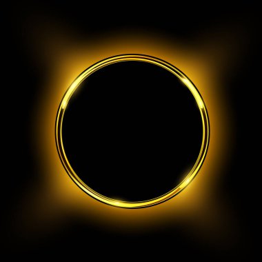 Siyah arka planda altın parıltılı bir yüzük. Vektör lüksü ve parlak altın düğme.