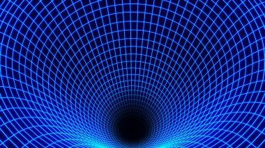 Arkaplan 3D mavi neon çizgileri, kara delik uzay bükme kavramı, geometrik bozulma bilim tasarımı çizimi çizimi.