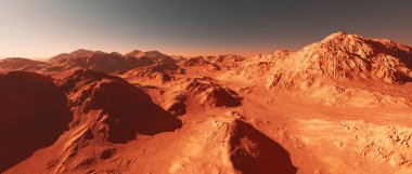 Mars gezegeni manzarası, hayali Mars gezegeninin 3D görüntüsü, portakal aşınmış çöl dağları, gerçekçi bilim kurgu illüstrasyonu.