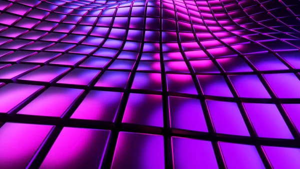 紫の背景3D 正方形のパターン波 キューブの抽象技術分野 ネオン輝くテクスチャの幻想的な海 3Dレンダリングイラストの背景 — ストック写真