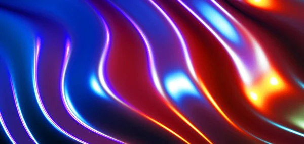 Luci Neon Strisce Onde Sfondo Astratto Viola Blu Liquido Metallo — Foto Stock