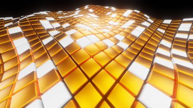 Arkaplan 3 boyutlu küp dalga alanı, altın ve beyaz soyut teknoloji tasarımı, neon parıldayan altıyüzlü fantastik denizi, 3D çizim arkaplanı.