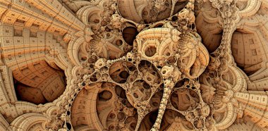 Soyut arkaplan 3D, fantastik antik uygarlık mimarisi, altın rengi yapılar ve yapılar, 3D resimleme