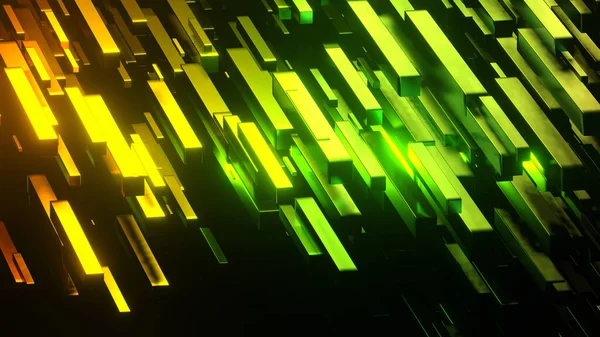 アブストラクト背景3D 黒のネオンゴールドグリーンの輝きを持つ立方体 興味深い科学技術の背景 3Dレンダリングイラスト — ストック写真