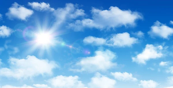Slunečný Den Pozadí Modrá Obloha Bílými Kumulus Mraky Sluncem Přírodní — Stock fotografie