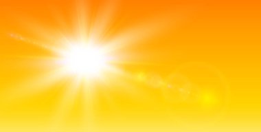 Güneşli arka plan, güneş ve mercekli turuncu sıcak gökyüzü, doğal yaz arkaplanı, vektör illüstrasyonu.