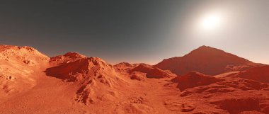 Mars gezegeni manzarası, hayali Mars gezegeninin 3D görüntüsü, dağlarla ve güneşle aşınmış turuncu çöl, gerçekçi bilim kurgu illüstrasyonu..