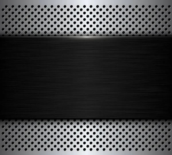 Schwarzer Hintergrund Mit Glänzenden Knöpfen Dunkel Gebürstetem Metallbanner Auf Lochmuster — Stockvektor