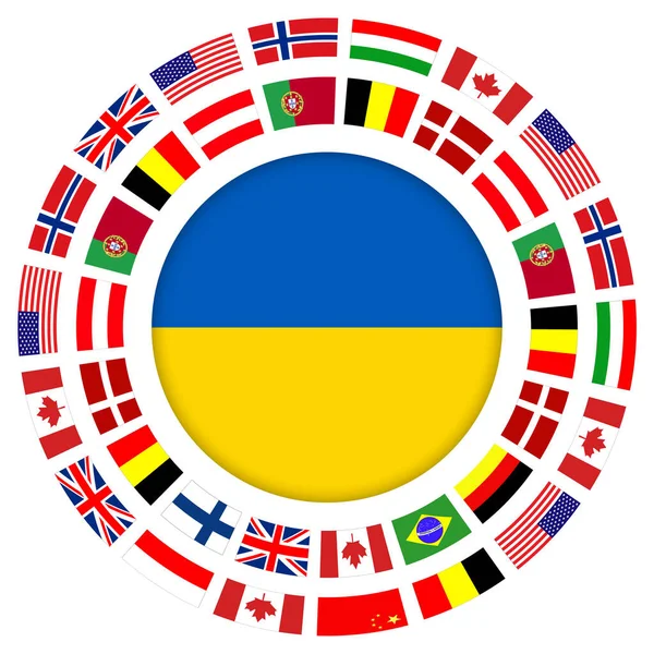 Símbolo Cooperación Internacional Con Ucrania Anillo Banderas Alrededor Del Botón — Vector de stock