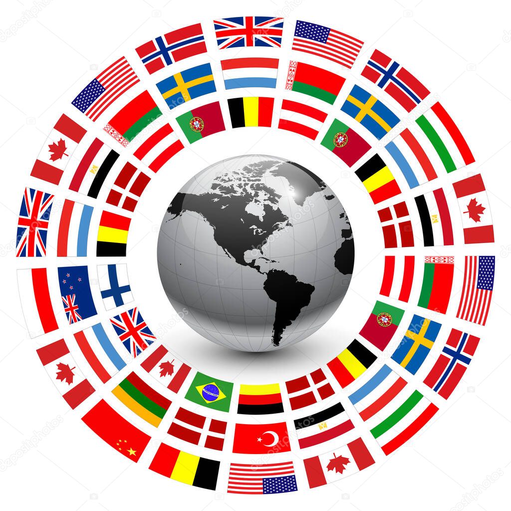 Business background, ring of flags around earth, 3D symbol with international cooperation, earth globe planet surrounded by flags, vector illustration