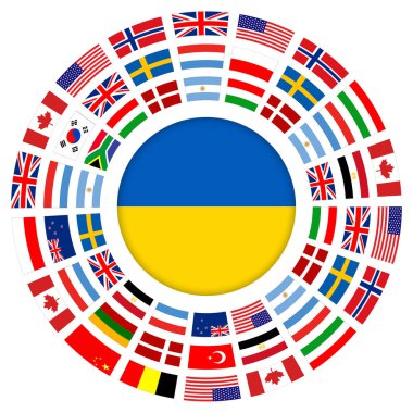 Ukrayna ile uluslararası işbirliğinin bir sembolü. Ukrayna bayrak düğmesi etrafında bayraklar halka, destek sembolü olarak bayraklarla çevrili Ukrayna, vektör illüstrasyonu.